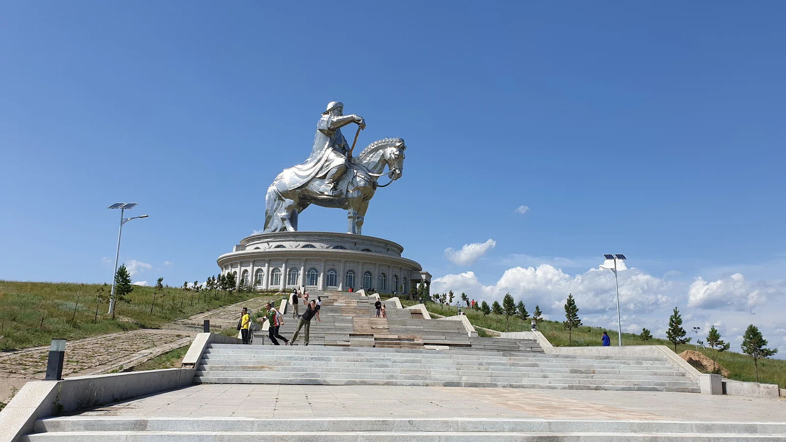 Large equestrian monument beneath a blue sky in Mongolia